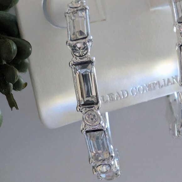 Silver Crystal Hoop Earrings, Baguette Jeweled, NEW - Picture 3 of 4